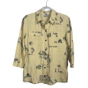 Chico's Size 0 XS Yellow Black Linen Button‎ Up 3/4 Sleeve Villagers Giraffe Top